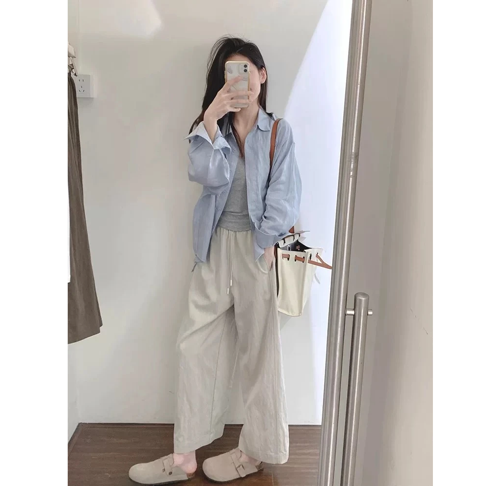 2025早春搭配一整套慵懒风蓝色衬衫背心套装搭配休闲裤显瘦三件套