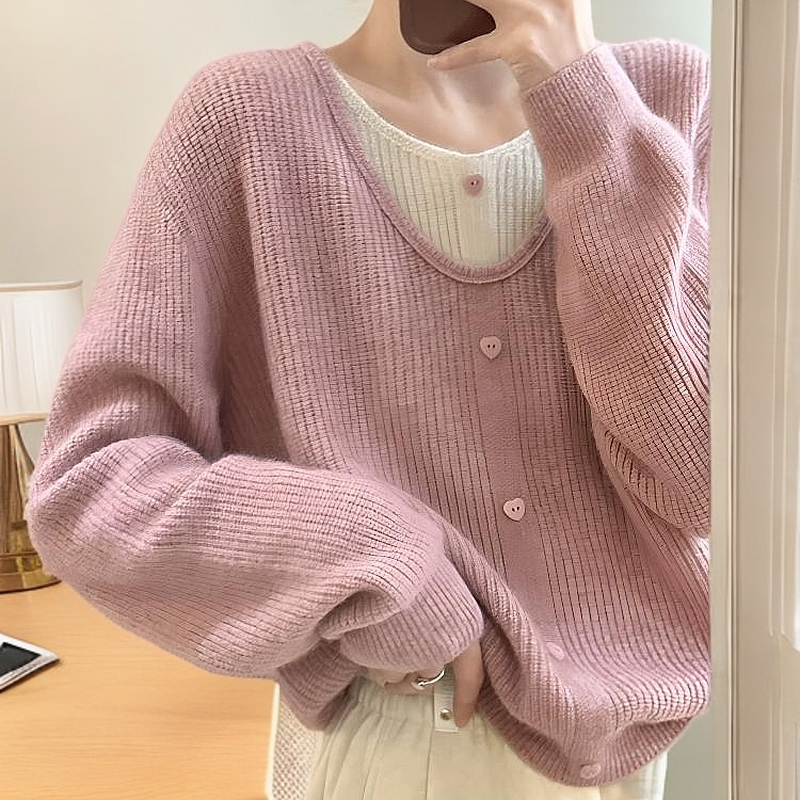 韩系温柔粉色假两件针织衫女2025秋冬软糯奶fufu慵懒别致毛衣上衣