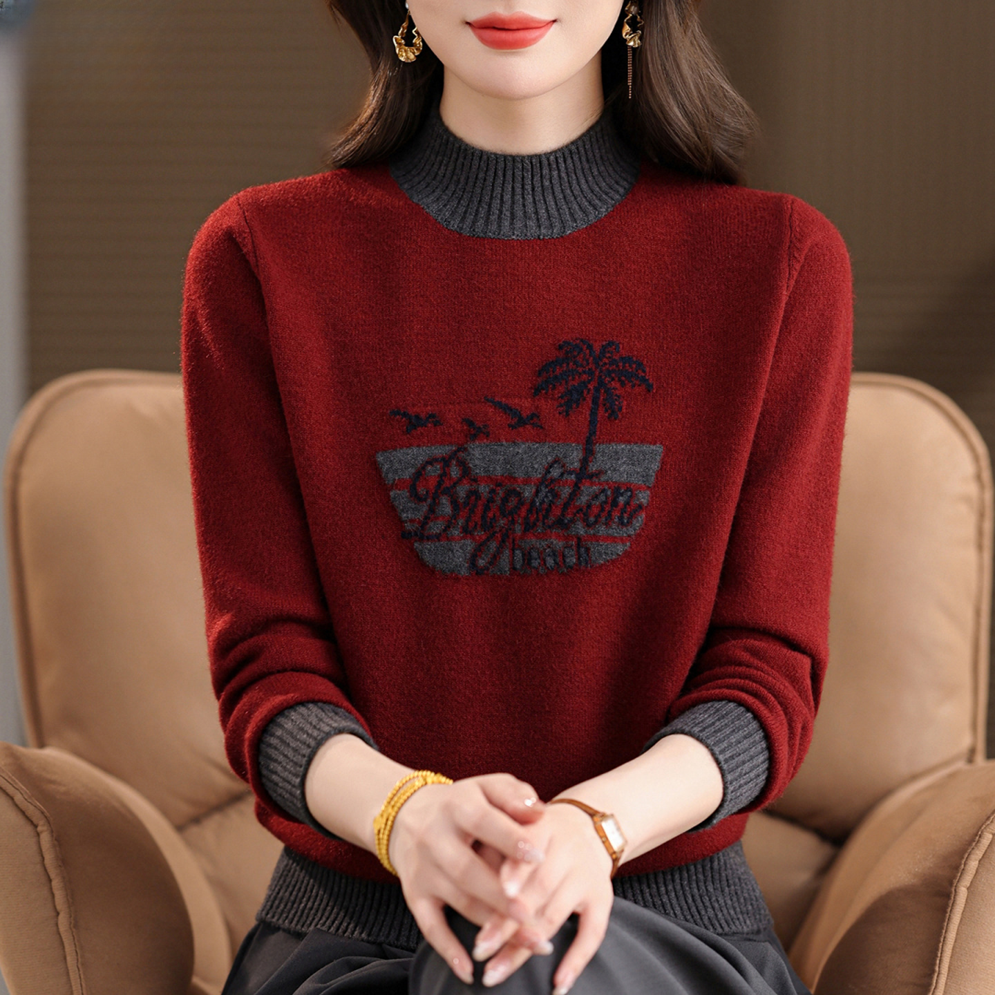 100纯羊毛高级感刺绣半高领毛衣女秋冬加厚拼色时尚羊绒打底衫