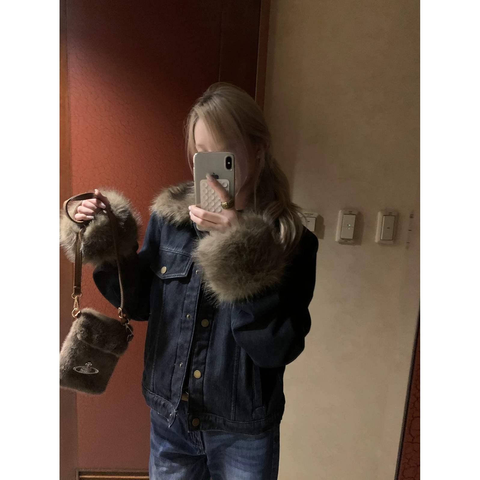 《巴恩冬令》毛毛领牛仔外套女秋冬2025年新款加厚短款上衣#W8876