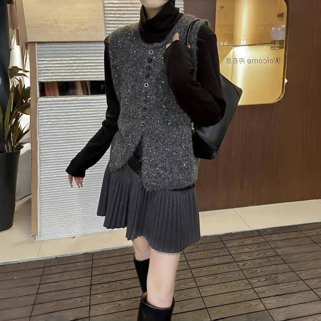 亮片冬季拼接时尚加厚马甲女马夹灰色显瘦圆领中长款无袖开衫上衣