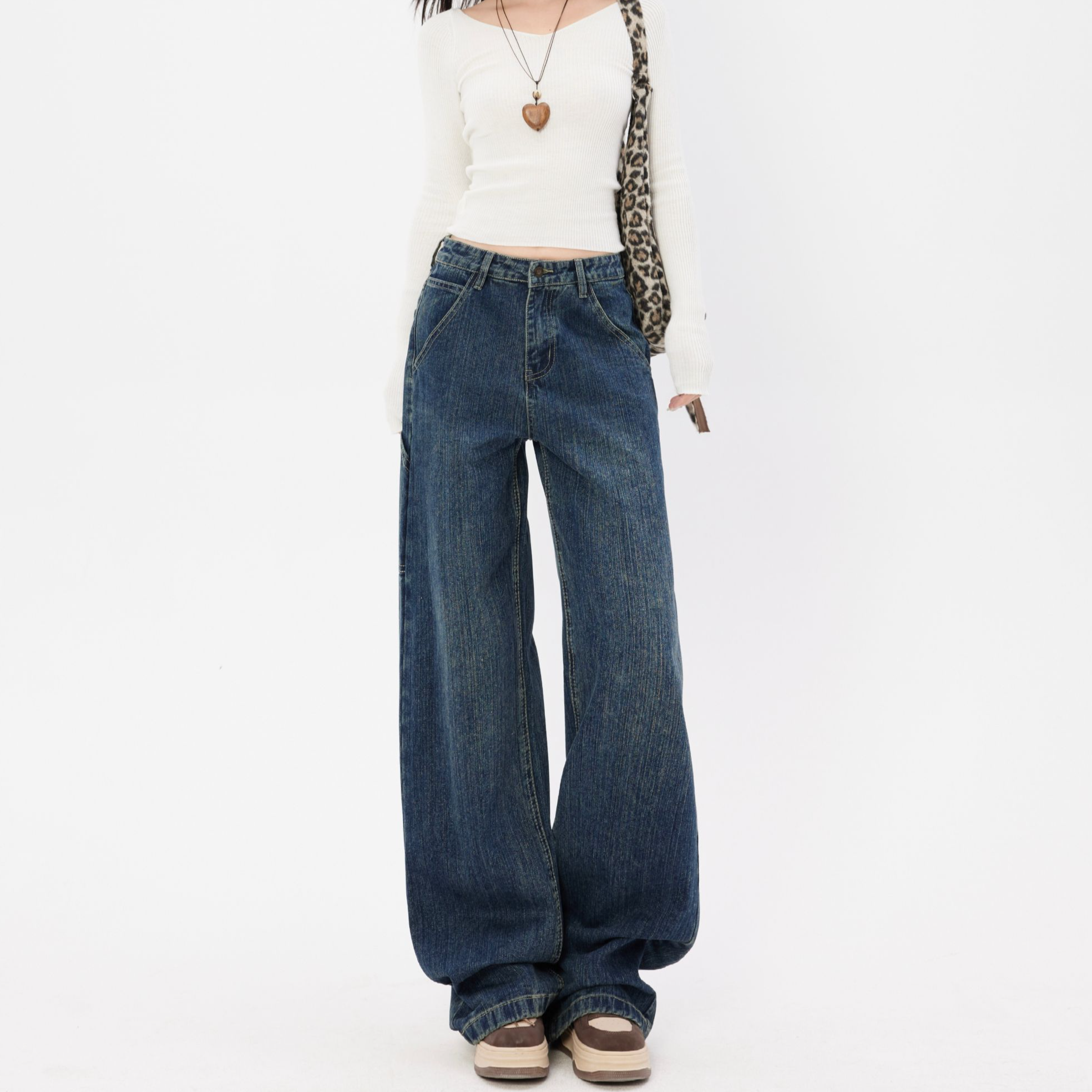 REDR复古高腰窄版直筒牛仔裤女2025新款水洗竹节纹宽松丹宁长裤子