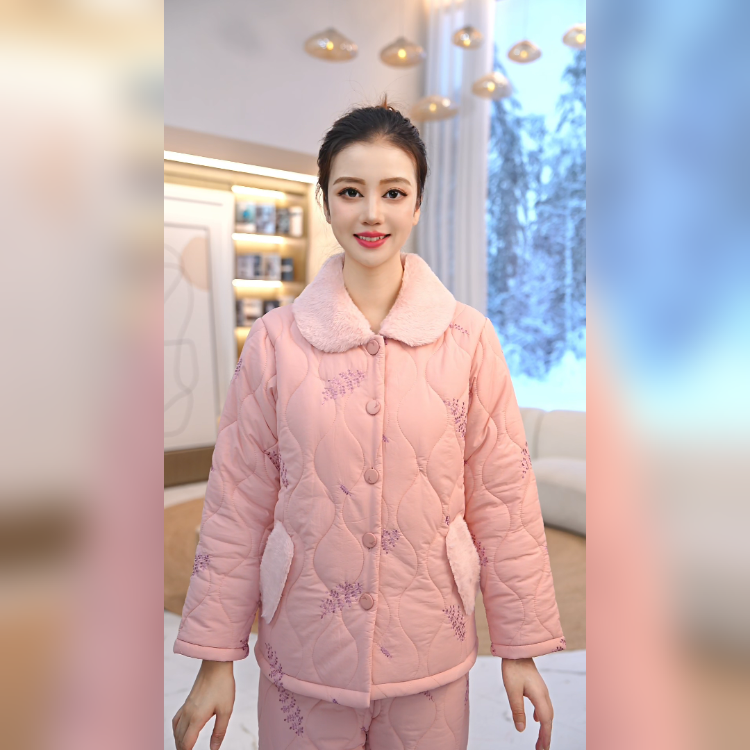 秋鹿暖羽绸刺绣夹棉扣领女套保暖冬季家居服