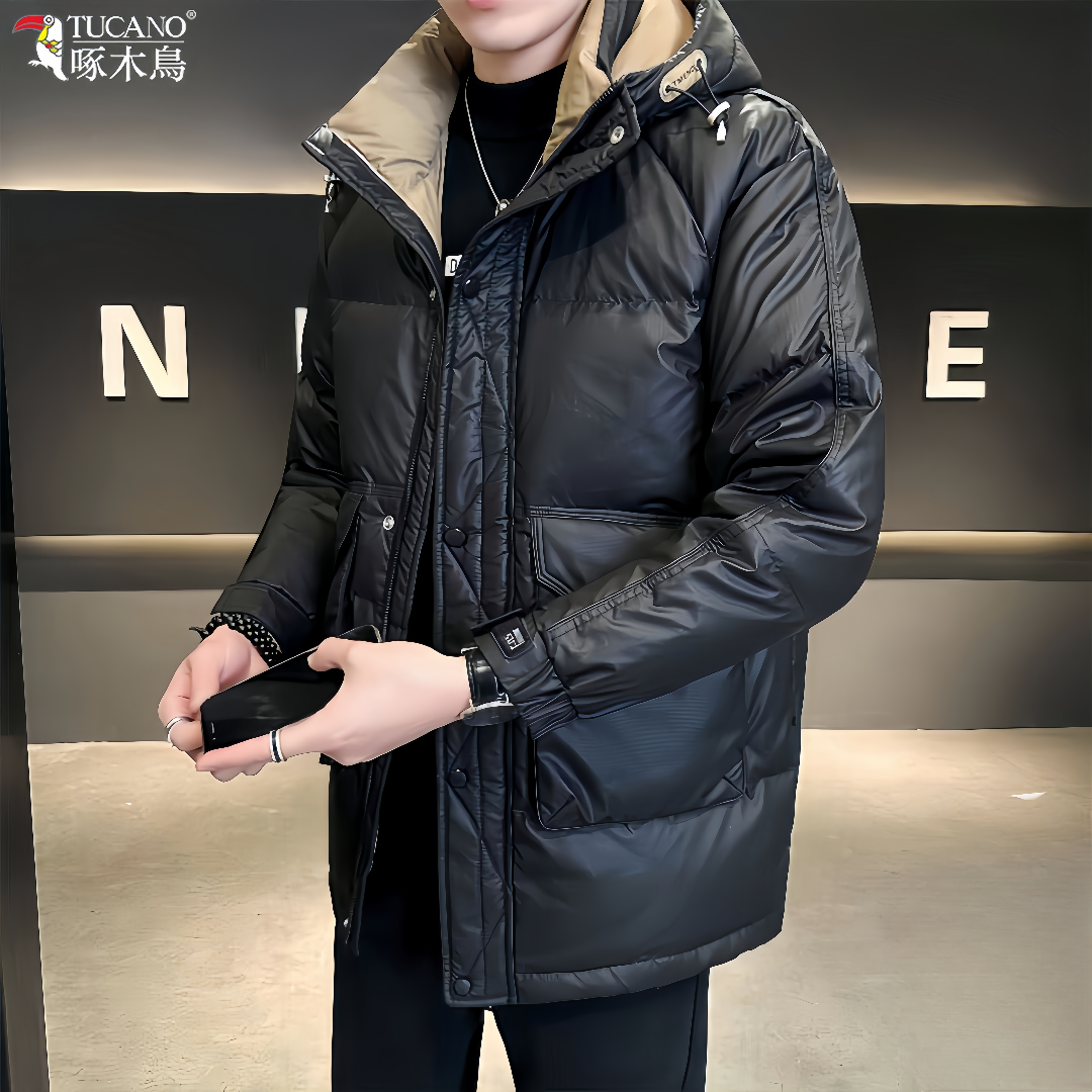 TUCANO/啄木鳥男士防寒服中长款冬季新款休闲舒适加厚连帽款外套