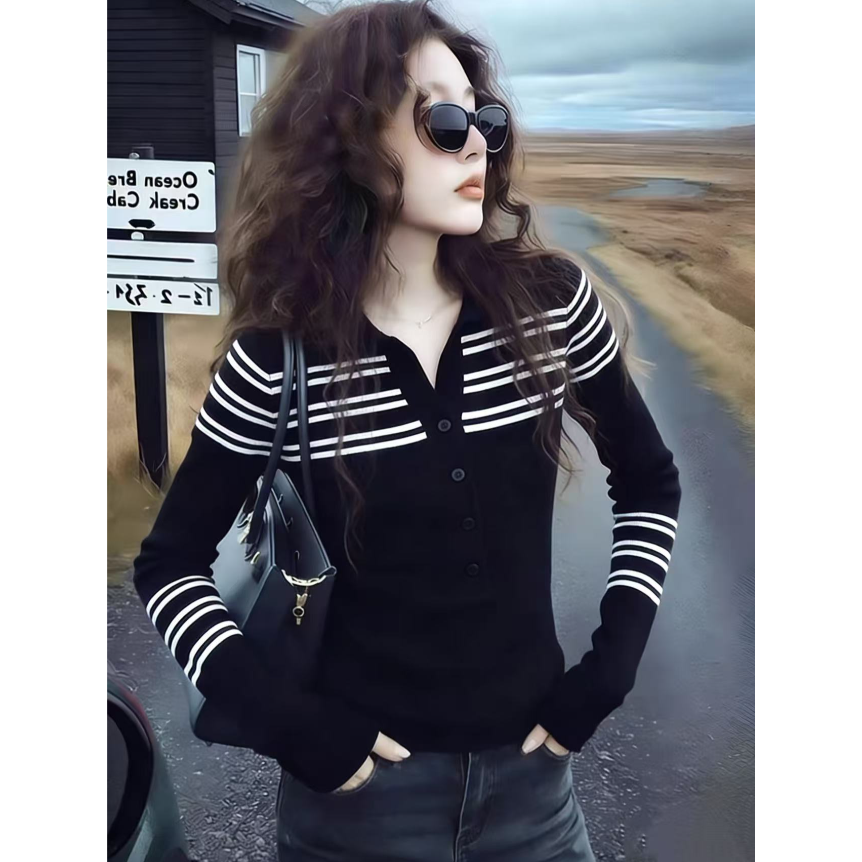 法式撞色条纹polo领针织打底衫女秋冬季修身显瘦长袖毛衣内搭上衣