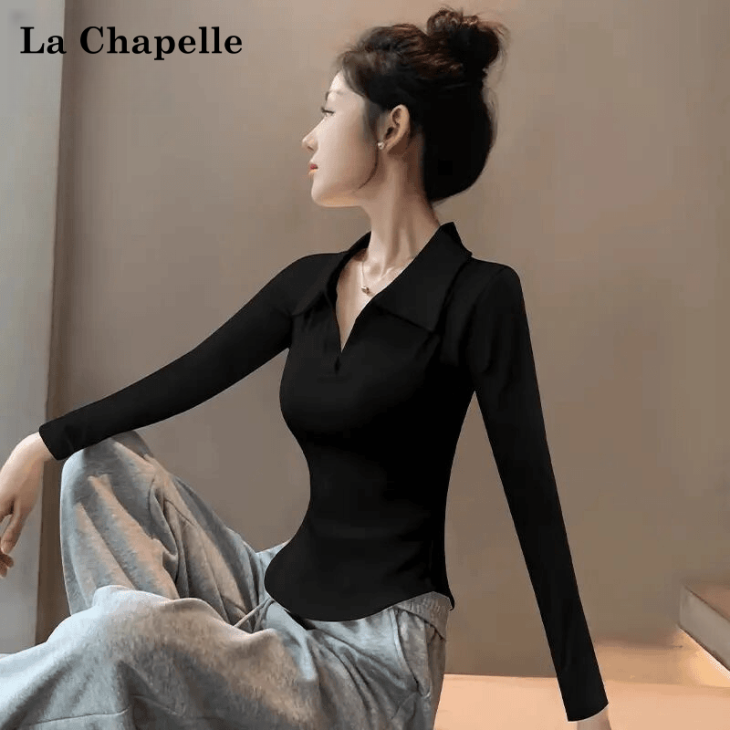拉夏贝尔设计感秋冬女装黑色气质上衣长袖下摆翻领打底衫新款polo