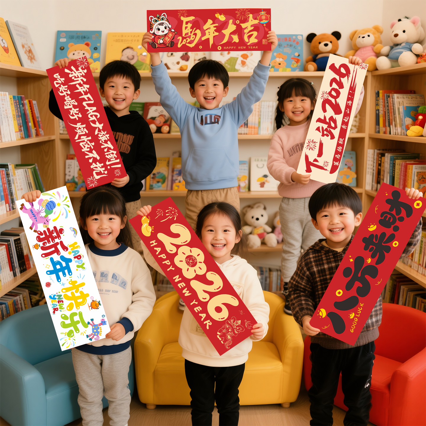 2026马年新年元旦装饰手拉旗拍照道具幼儿园手持对联横幅春节布置