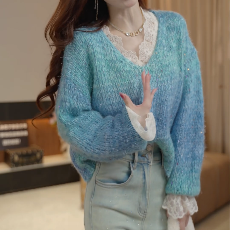 慵懒风V领扎染宽松针织上衣+法式复古蕾丝衫LK2507042