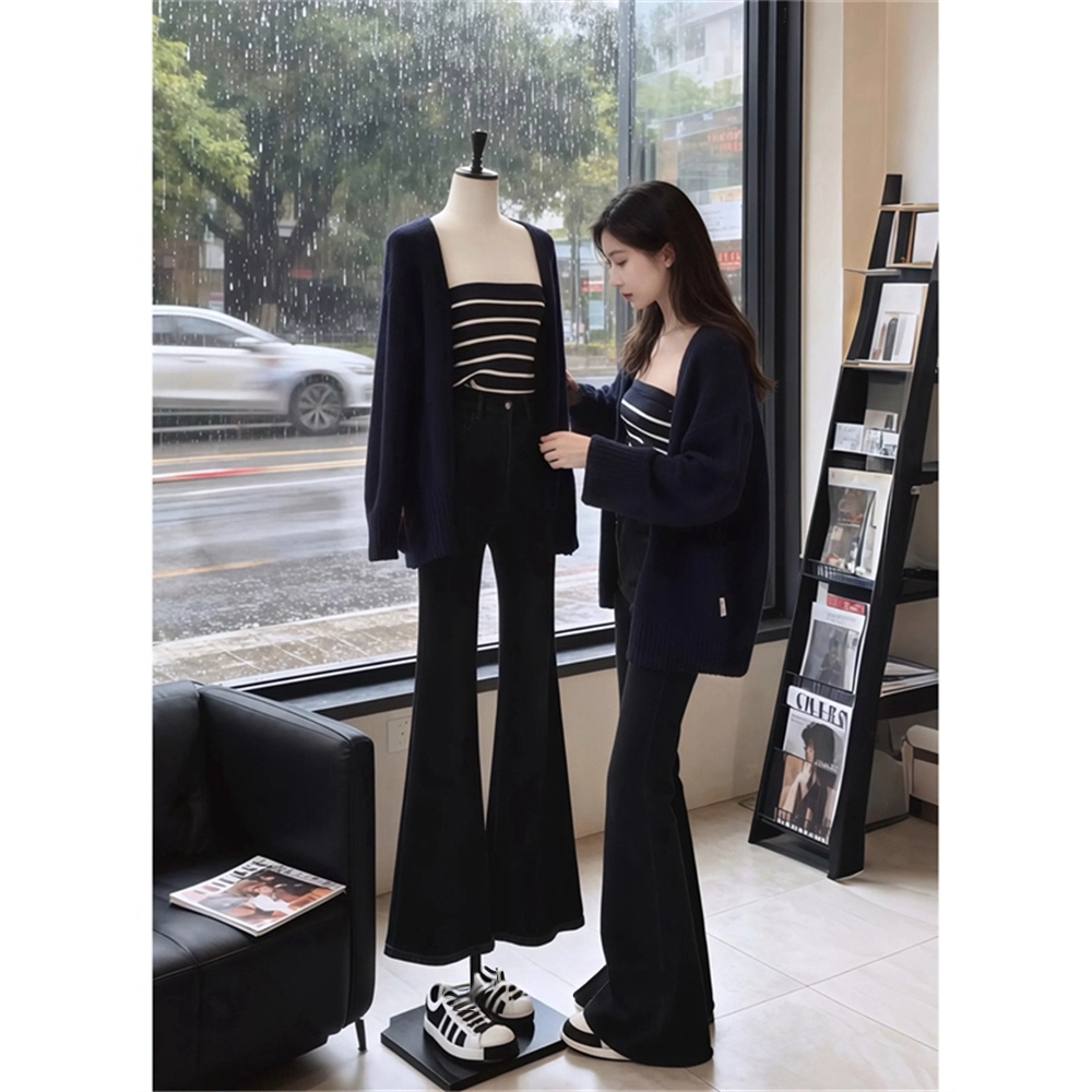 韩系复古风套装女慵懒宽松开衫巨好看早秋新款修身背心裤子三件套