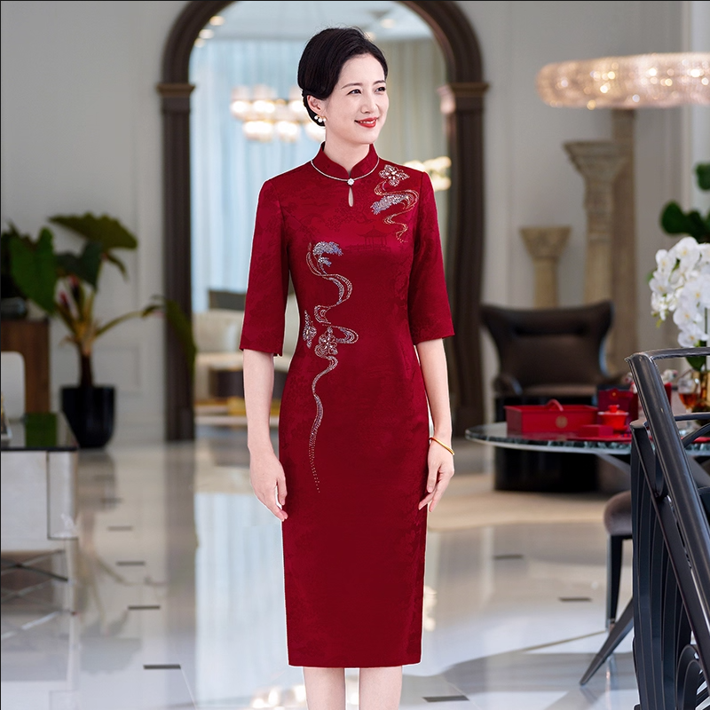 喜婆婆醋酸高档礼服旗袍平时可穿婚礼新娘显瘦夏季薄款红色国风