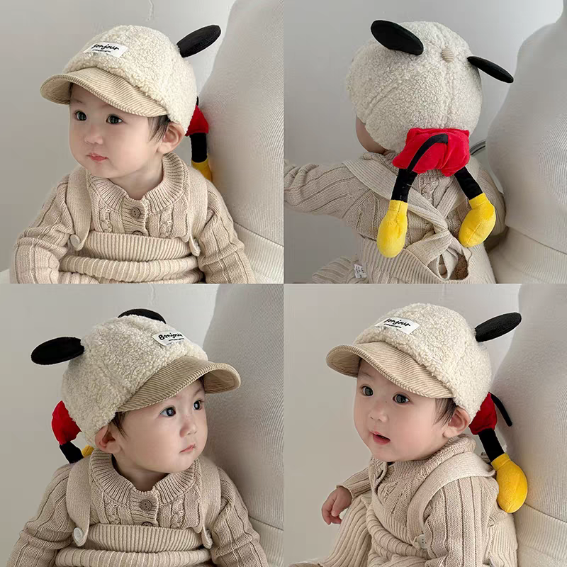 宝宝帽子秋冬季男童女婴儿韩版可爱鸭舌帽保暖加厚棒球帽米奇屁屁