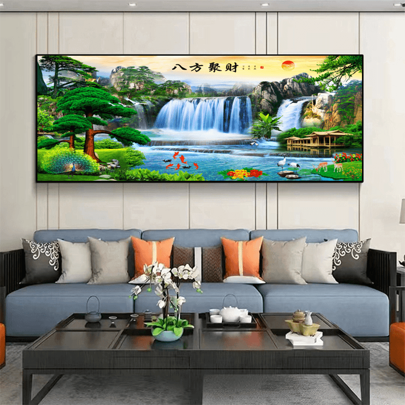 【八方聚财】客厅迎客松卧室沙发背装饰八方聚财晶瓷镶钻挂画