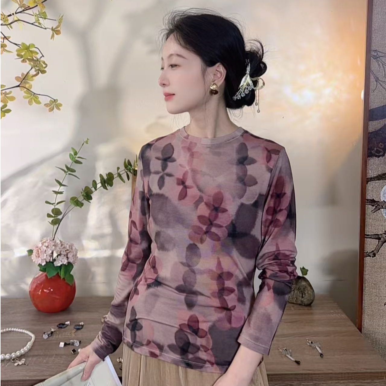 秋冬新品国风绵羊毛打底衫长袖女通勤T恤女装上衣