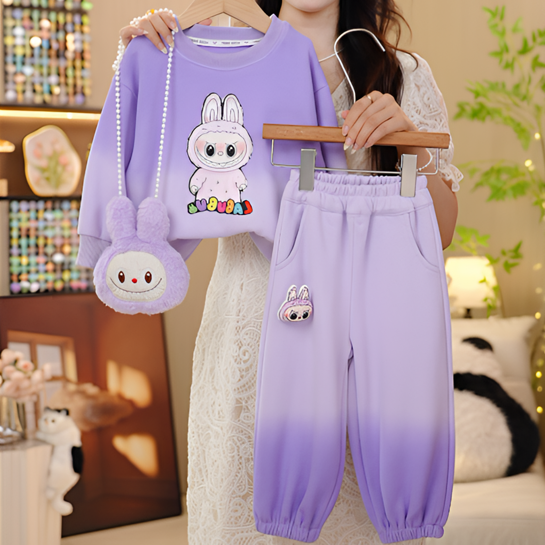 女童卡通风lAbubu卫衣套装春秋2025新款洋气女孩时髦渐变两件套潮