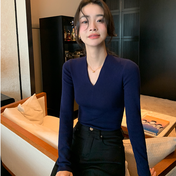 宝蓝色v领长袖针织打底衫女秋冬内搭小众设计感显白修身上衣春季