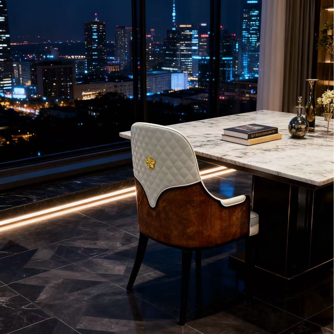 轻奢实木餐椅钢琴烤漆别墅大平层奢石配套餐椅真皮高端靠背椅设计