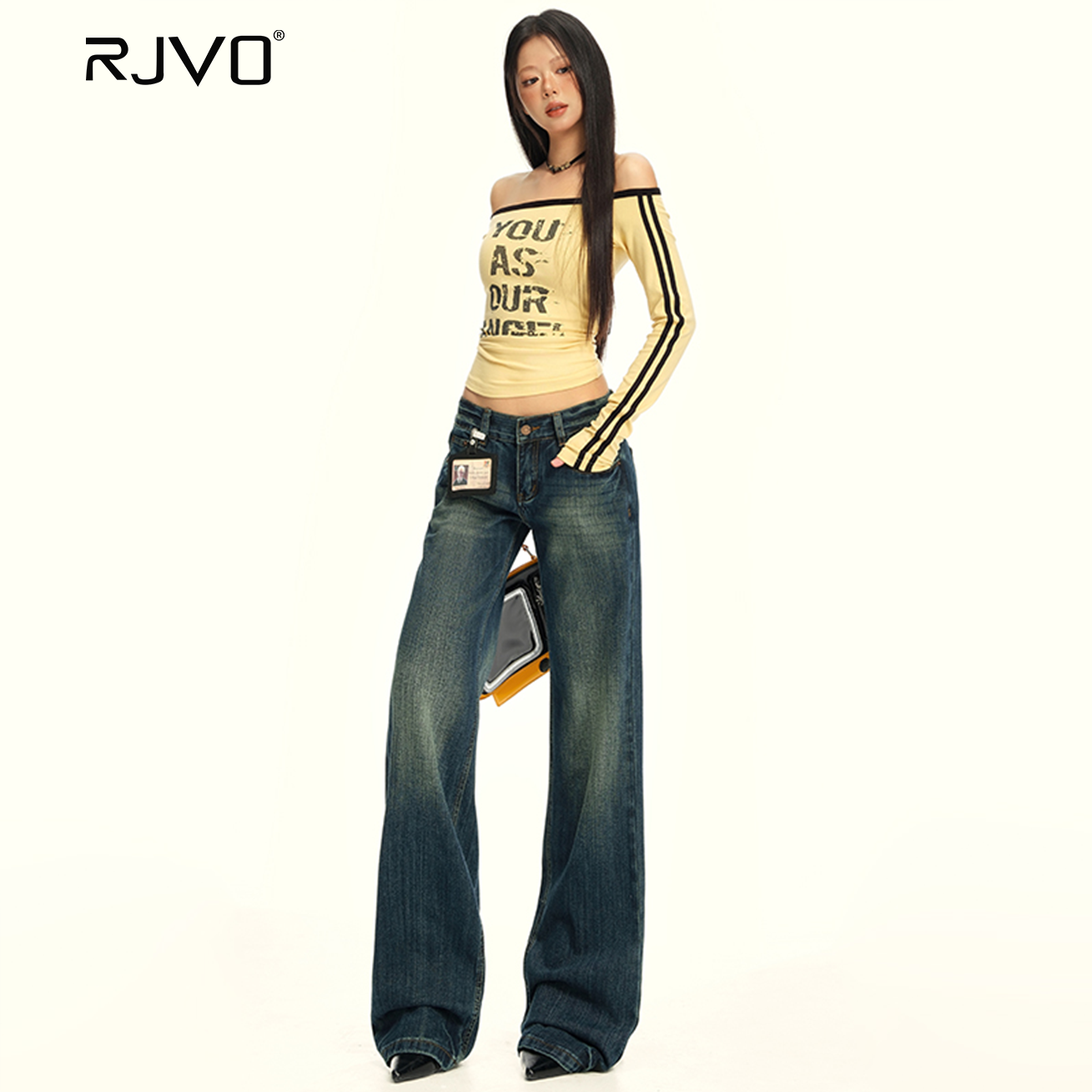 RJVO新款重工做旧水洗撞色竹节肌理低腰刺绣直筒牛仔裤0270