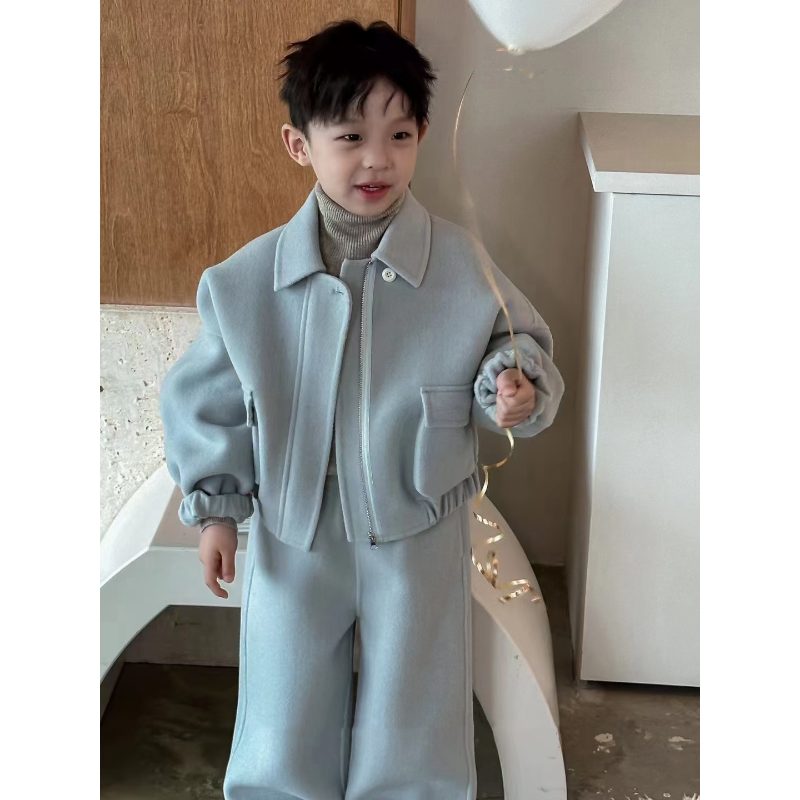 现货壹妈韩国童装男童痞帅洋气套装春秋儿童毛呢外套休闲裤两件套