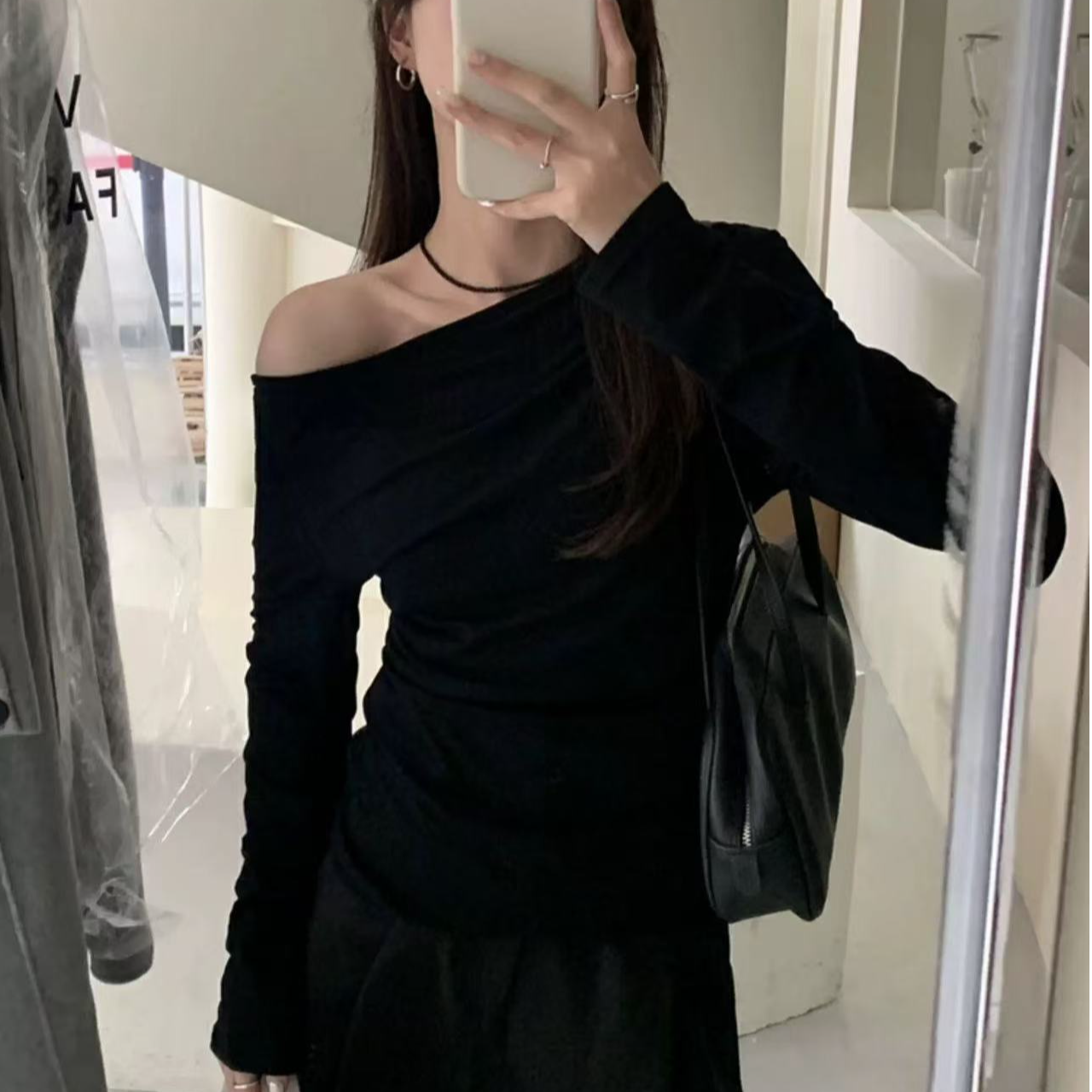 秋季甜美性感一字肩法式显瘦长袖T恤