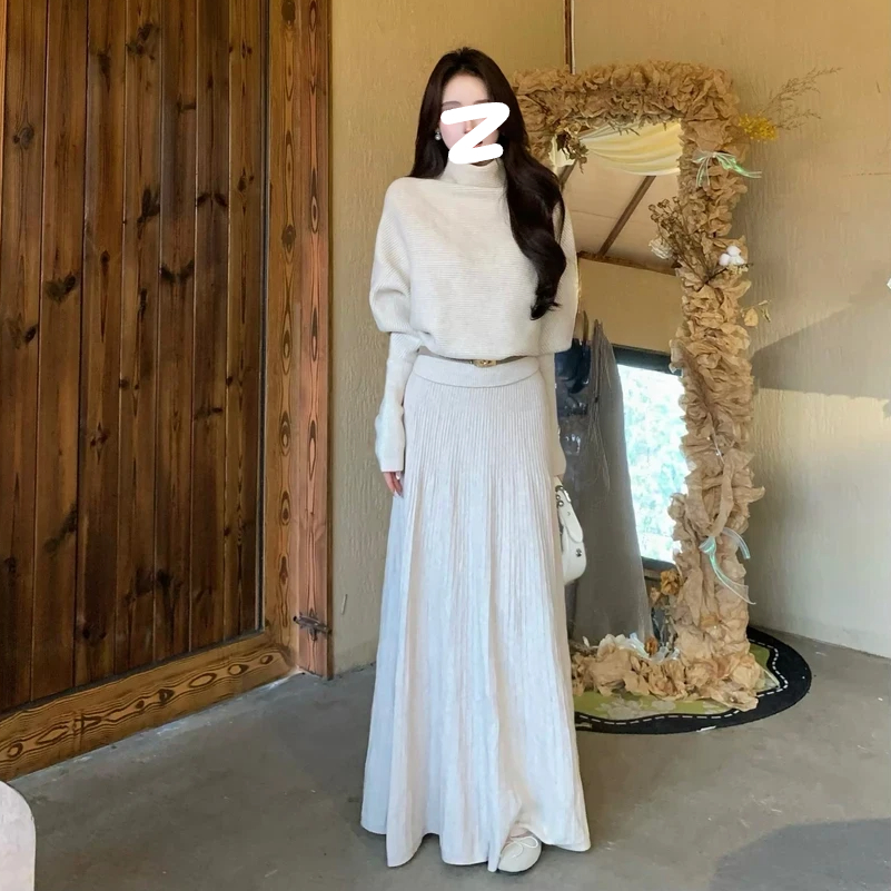 【淡麦凝香】秋冬慵懒感针织三件套上衣+半身裙+腰带高级感三件套装