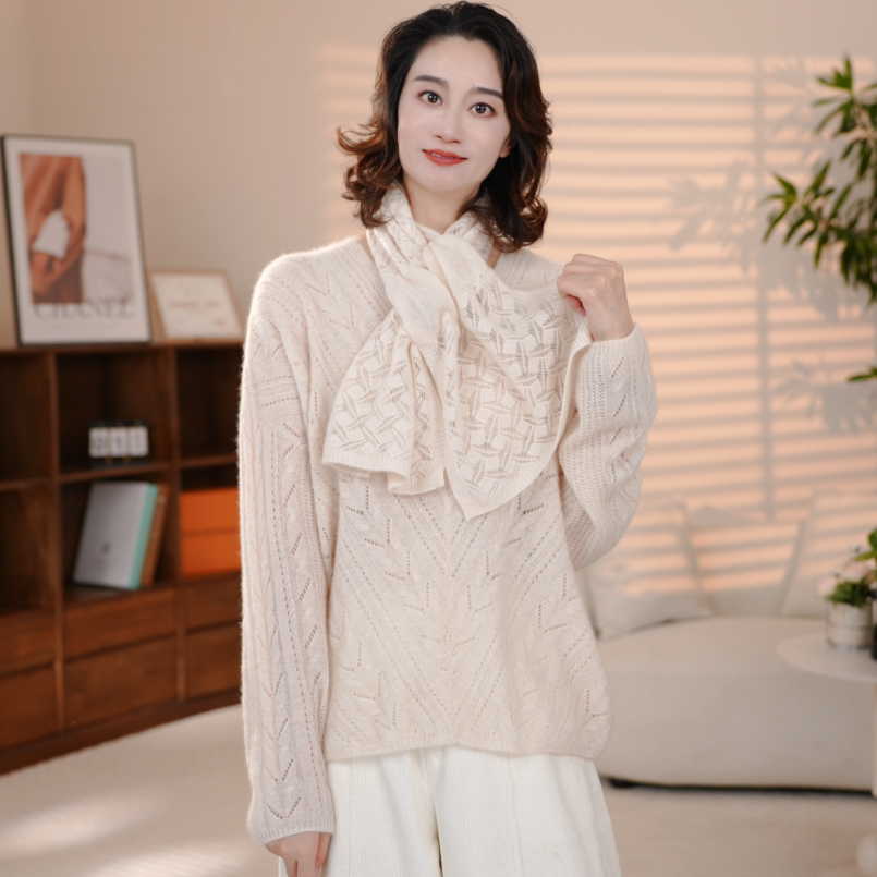 【精致优雅】100%纯山羊绒保暖围脖针织镂空围巾披肩女士秋冬时尚