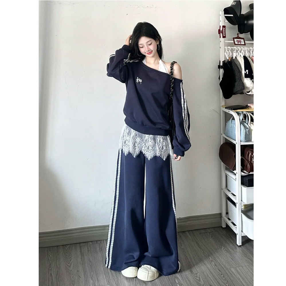 美式复古斜肩卫衣蕾丝内搭休闲阔腿裤运动三件套2025秋季新款女装