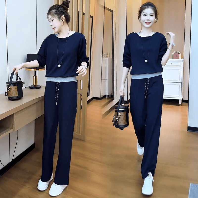时尚休闲套装女2025秋季新款洋气显瘦假两件圆领卫衣阔腿裤两件套