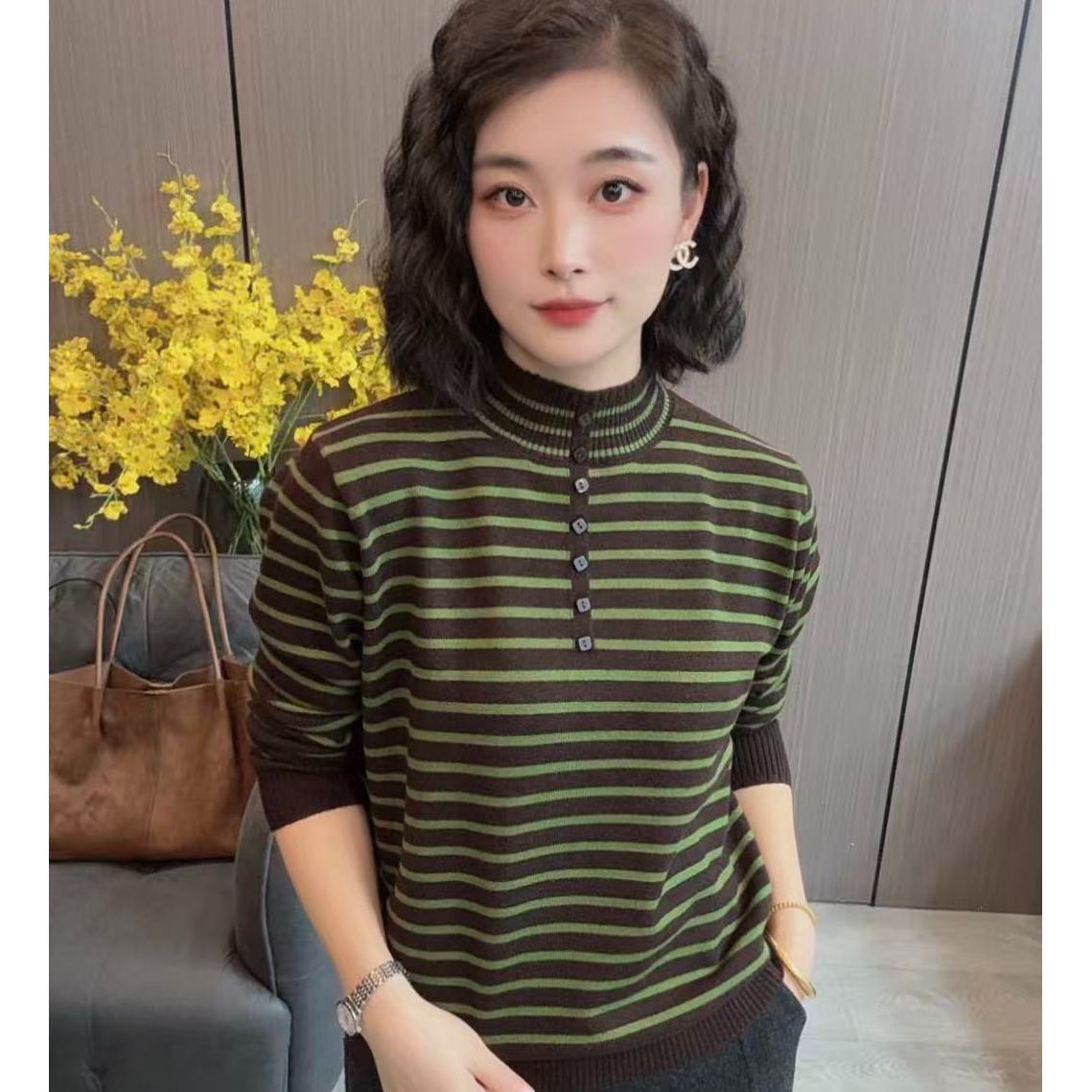 【海片】25760女士休闲时尚冬款条纹韩国绒毛衣针织衫百搭宽松