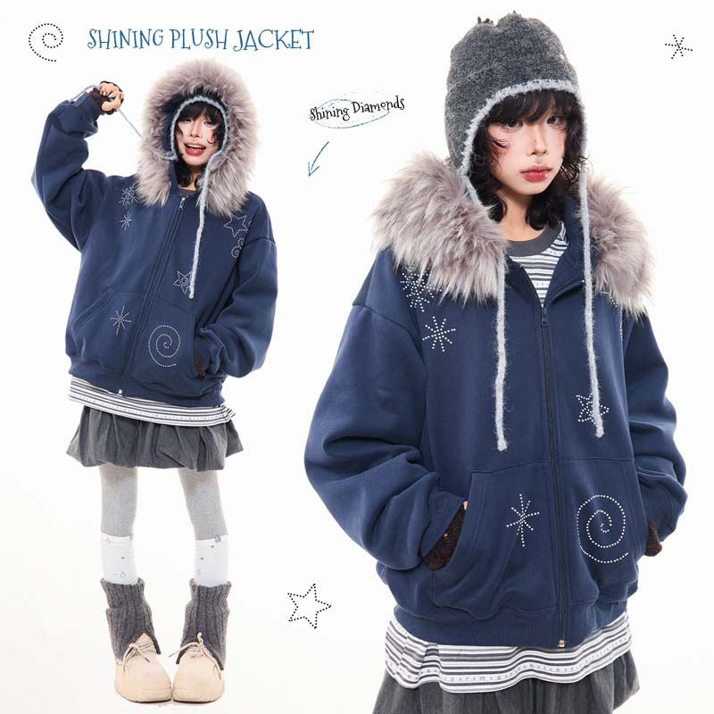 MKGO 美式复古烫钻毛领连帽卫衣女冬季新款加绒宽松休闲上衣外套