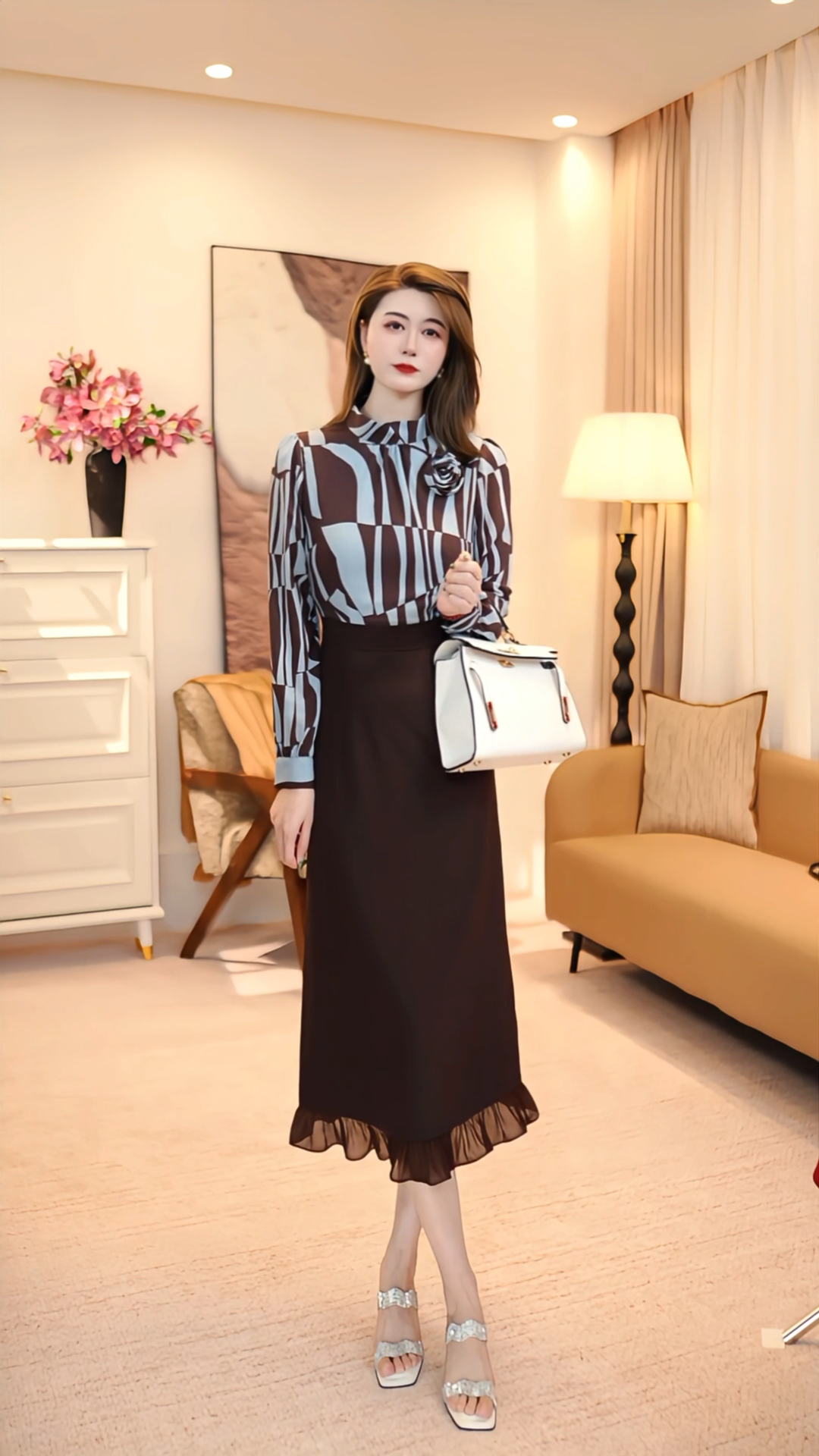 连袖吸汗高腰拉链拼接秋季连衣裙气质百搭设计师女士 86058