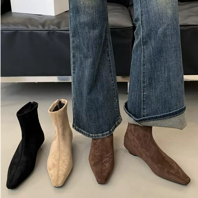 2025秋冬季新款韩版绒面粗跟瘦瘦靴子复古小方头后拉链低跟短靴女