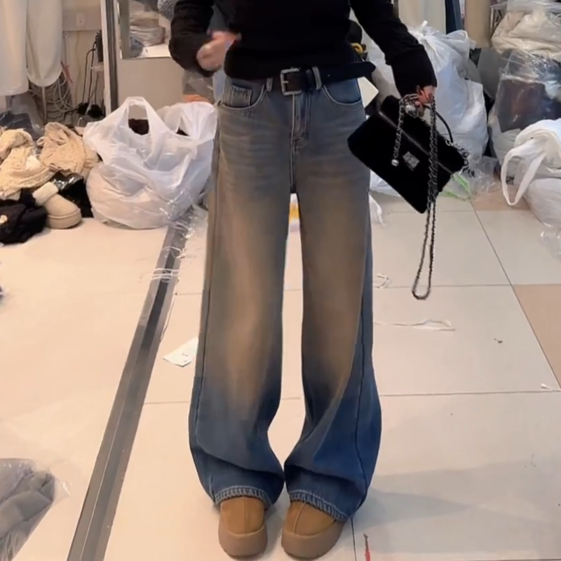 冬季新款高腰长裤牛仔裤加绒复古直筒裤裤子LK2508553