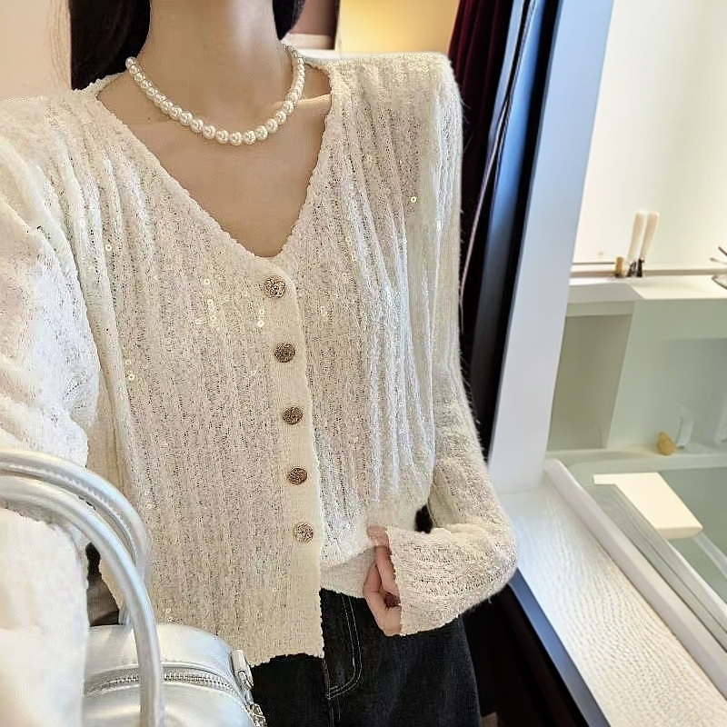 小香风轻奢亮片针织开衫女亮闪闪V领毛衣外套长袖早春宽松韩系