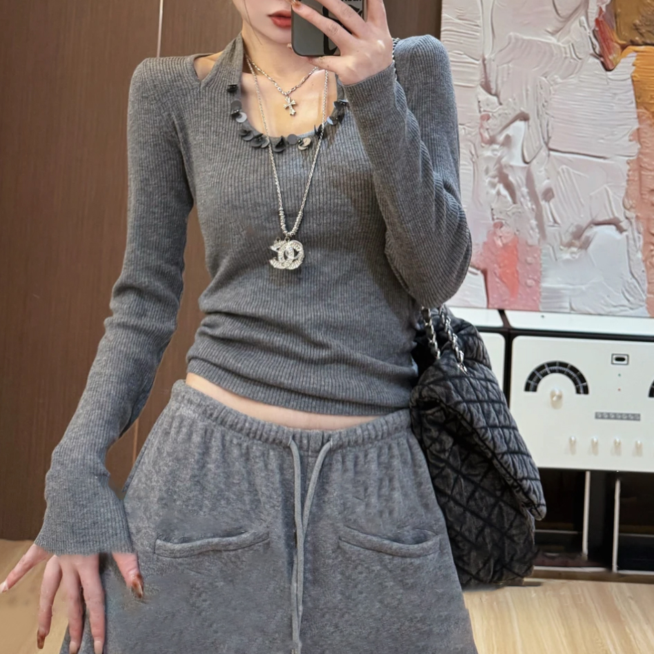 2026春秋韩系甜美系高级感u领亮片加厚气质打底针织衫女上衣H5-57