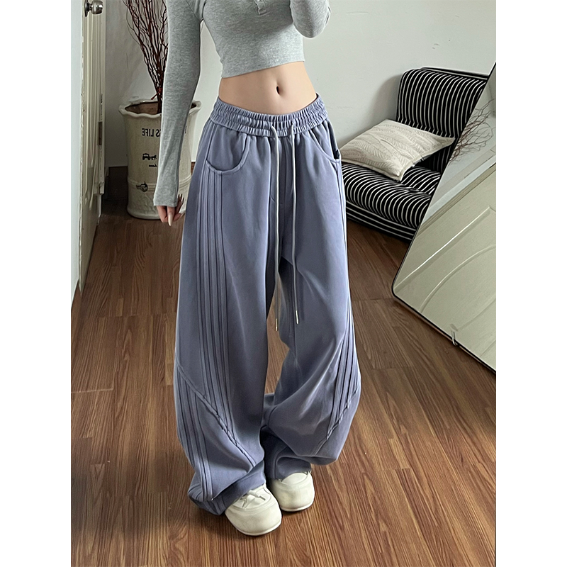 紫色卫裤女秋季美式水洗渐变侧条纹宽松垂感运动阔腿直筒休闲裤子