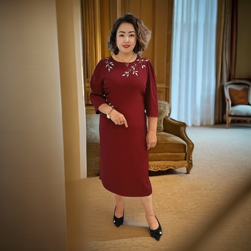 秋季新款修身气质长袖妈妈装连衣裙高贵礼服风