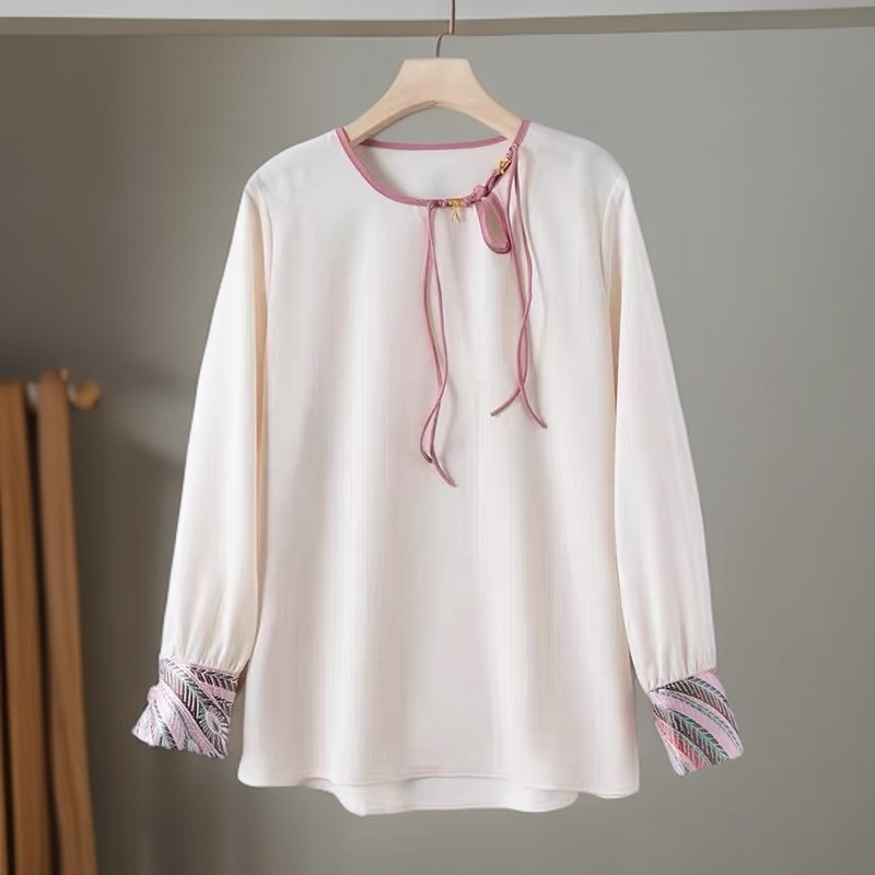 S527 春秋款丝滑缎面撞色拼接镂空圆领百搭长袖衬衫YS