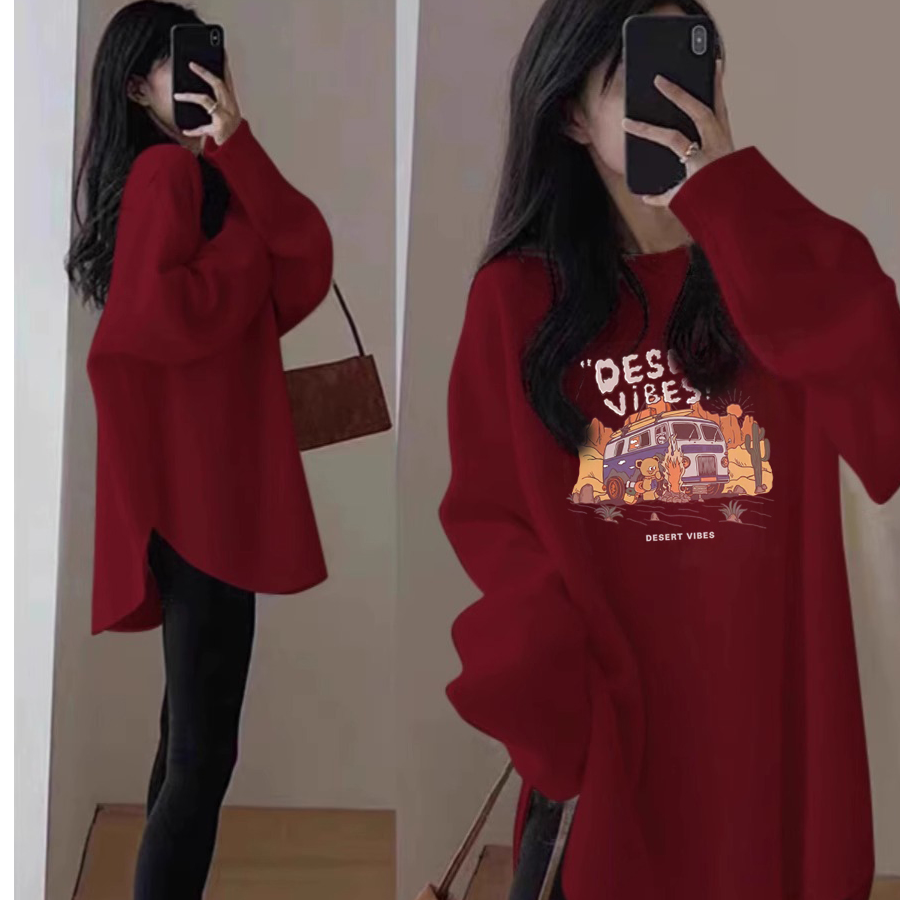 配鲨鱼裤上衣打底衫女秋冬季宽松内搭中长款大码纯棉红色长袖t恤