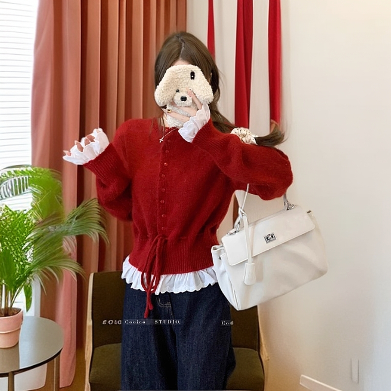 红色毛衣开衫女2025春季新款设计感蕾丝拼接系带收腰长袖外穿上衣