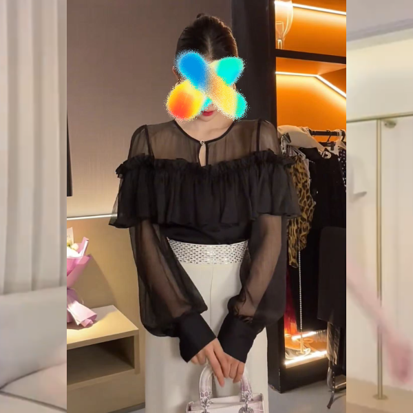 露肩长袖荷叶边防晒衬衫黑色春季显瘦雪纺拼接洋气优雅女装上衣