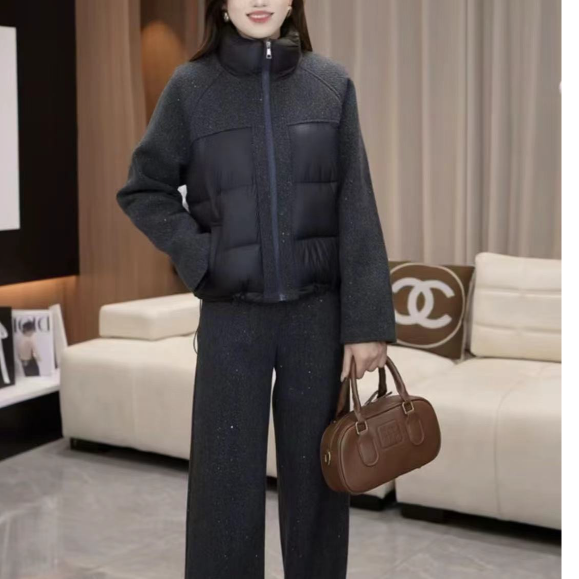 【有运费险】时尚套装女2025秋冬新款百搭星空毛呢拼接棉服两件套