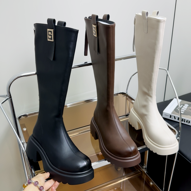 粗跟骑士长靴女2025年秋冬厚底增高长筒靴女后拉链白色瘦瘦靴高靴