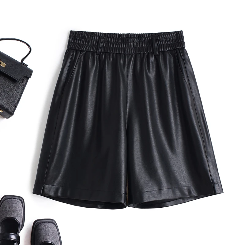 2025春秋新款海宁皮短裤女高腰宽松阔腿裤绵羊皮松紧腰靴裤-2381#
