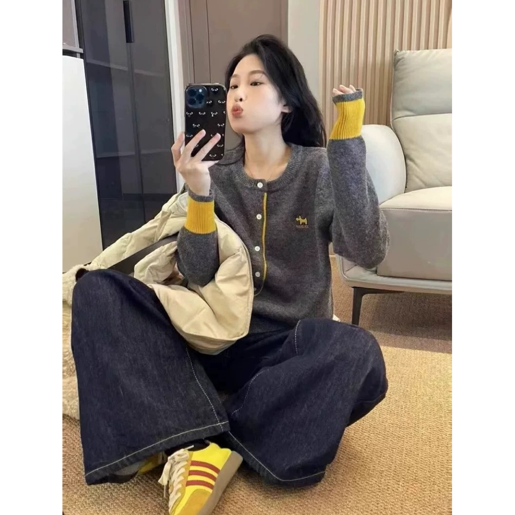 秋冬针织开衫毛衣女新款慵懒时尚设计感撞色减龄百搭气质外套上衣