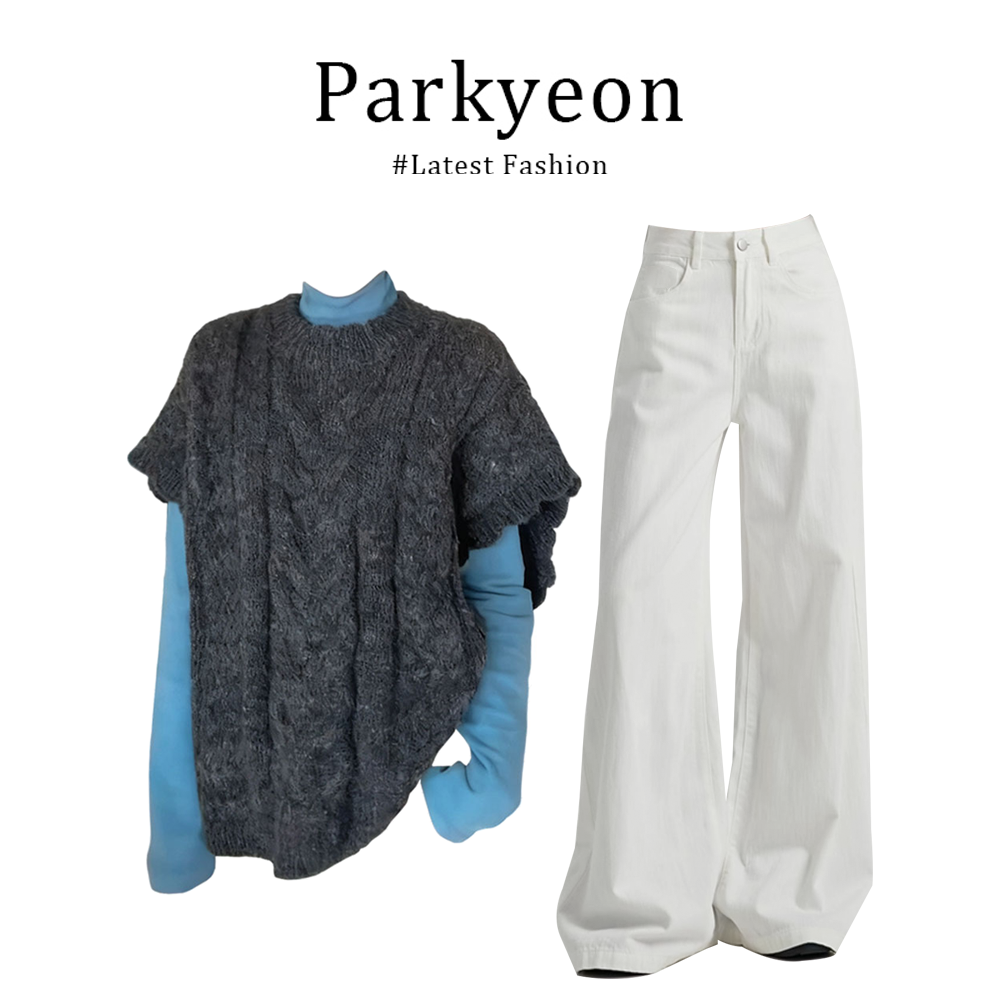 秋冬新款麻花针织女叠穿蓝色半高领上衣阔腿休闲裤套装