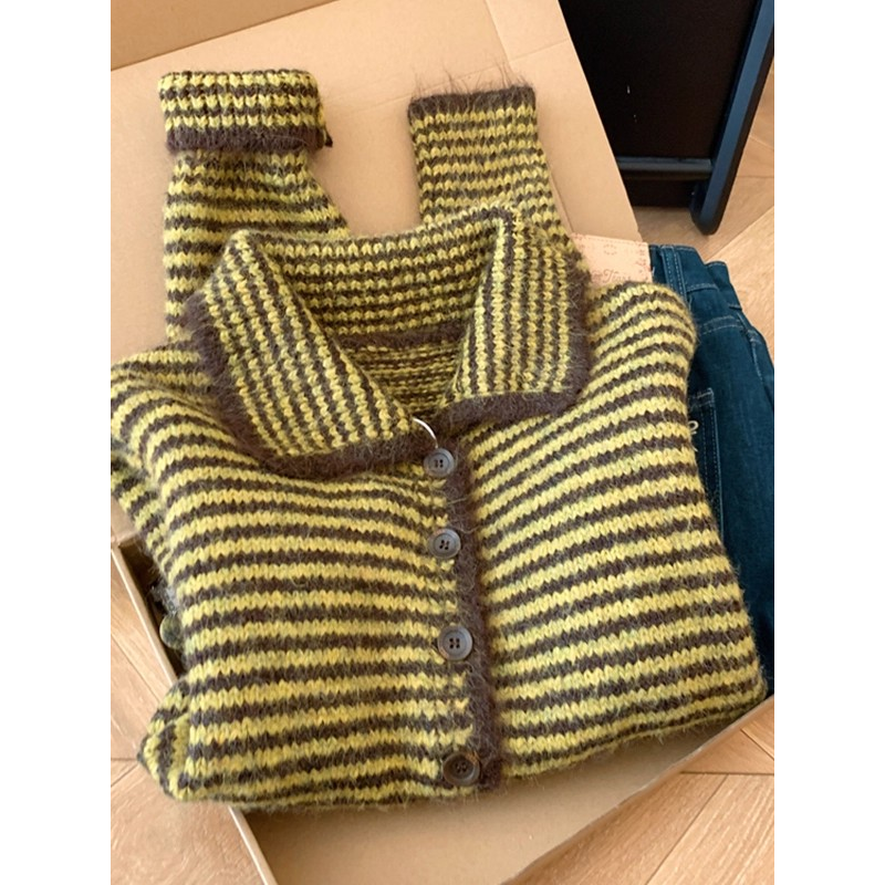 黄色条纹翻领套头针织开衫女2025秋季新款减龄显白软糯慵懒风毛衣