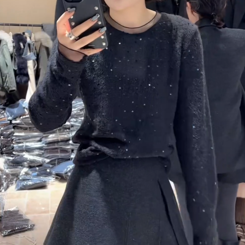 秋冬新款韩版气质长袖圆领亮片上衣拼接蕾丝LK2508585