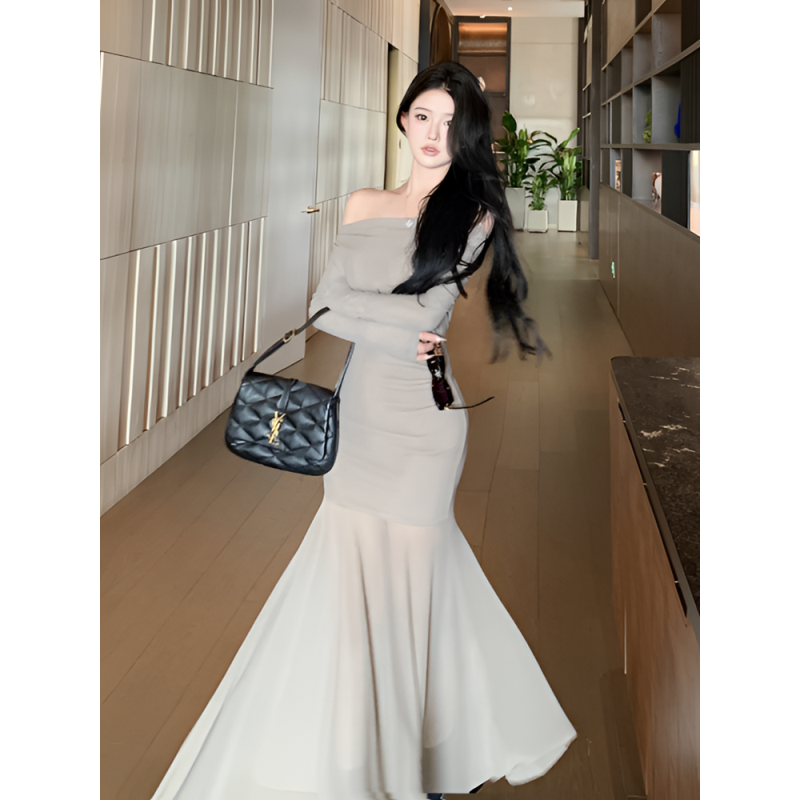 夏季新款法式复古包臀弹力微透气质修身长袖连衣裙收腰显瘦长裙