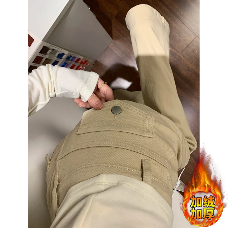 老钱风卡其色微喇叭牛仔裤女2025秋冬加绒不贴腿弹力显瘦拖地裤子
