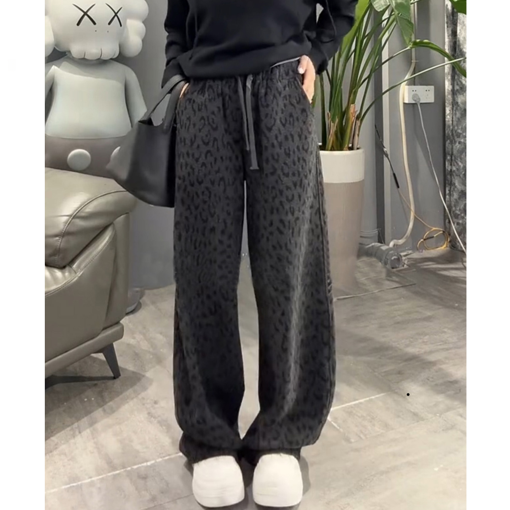 慵懒风豹纹阔腿休闲裤女秋冬新款梨形身材加绒加厚窄版直筒毛呢裤